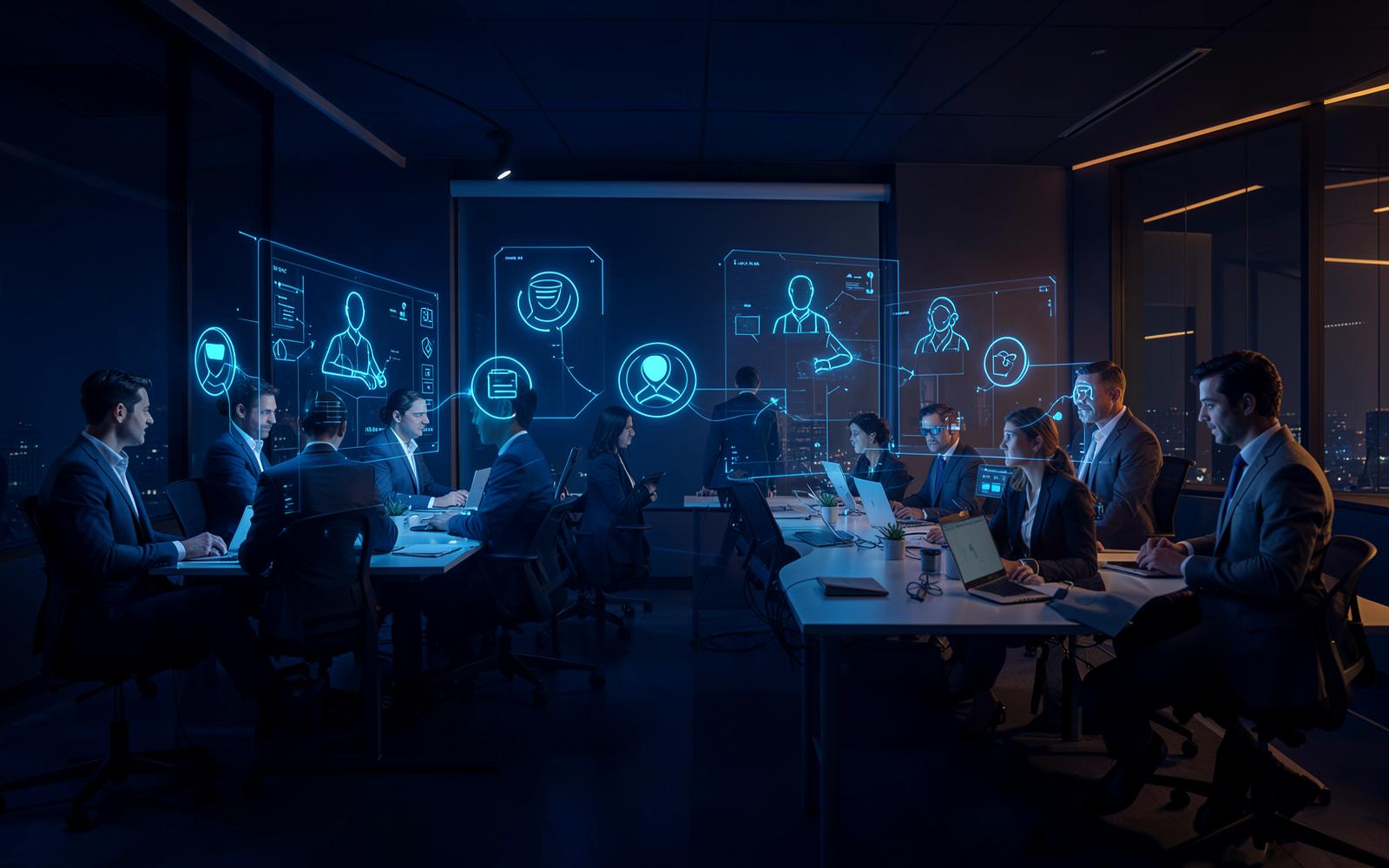 Microsoft-powered AI agents working alongside a business team in a modern office, automating routine work across Microsoft 365, Teams, and Dynamics 365